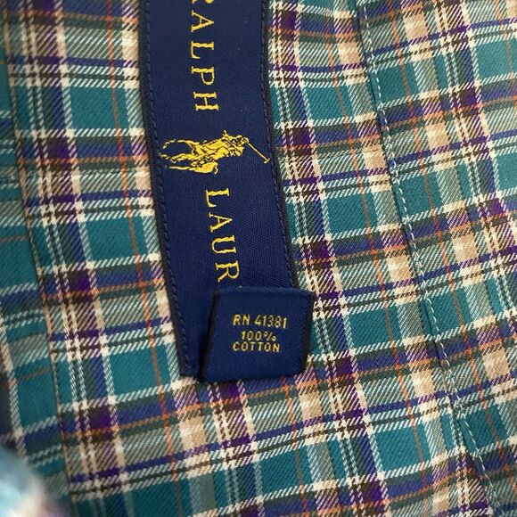 RALPH LAUREN Shirt Plaid Long Sleeve Button Down Oxford Casual Mens L Teal Green - Picture 9 of 9